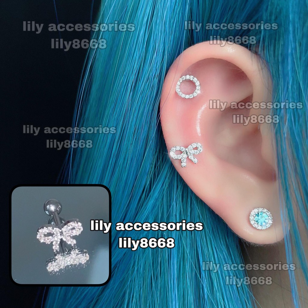 Bow Earring bông tai khuyên tai titan nơ đính đá không gỉ không đen không dị ứng nam nữ unisex