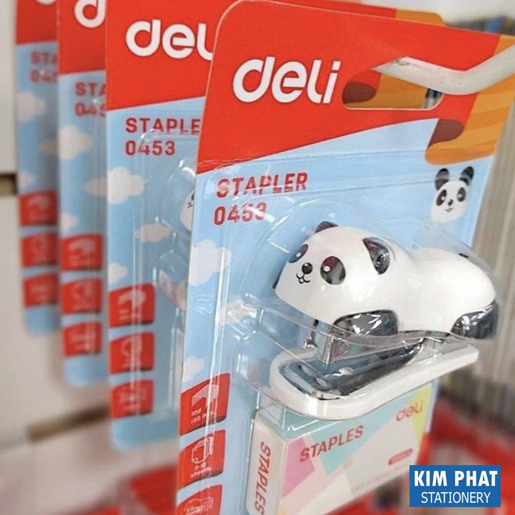 Dập ghim nhỏ, bấm kim số 10 hình gấu trúc dễ thương kèm 1 hộp Chân ghim Deli