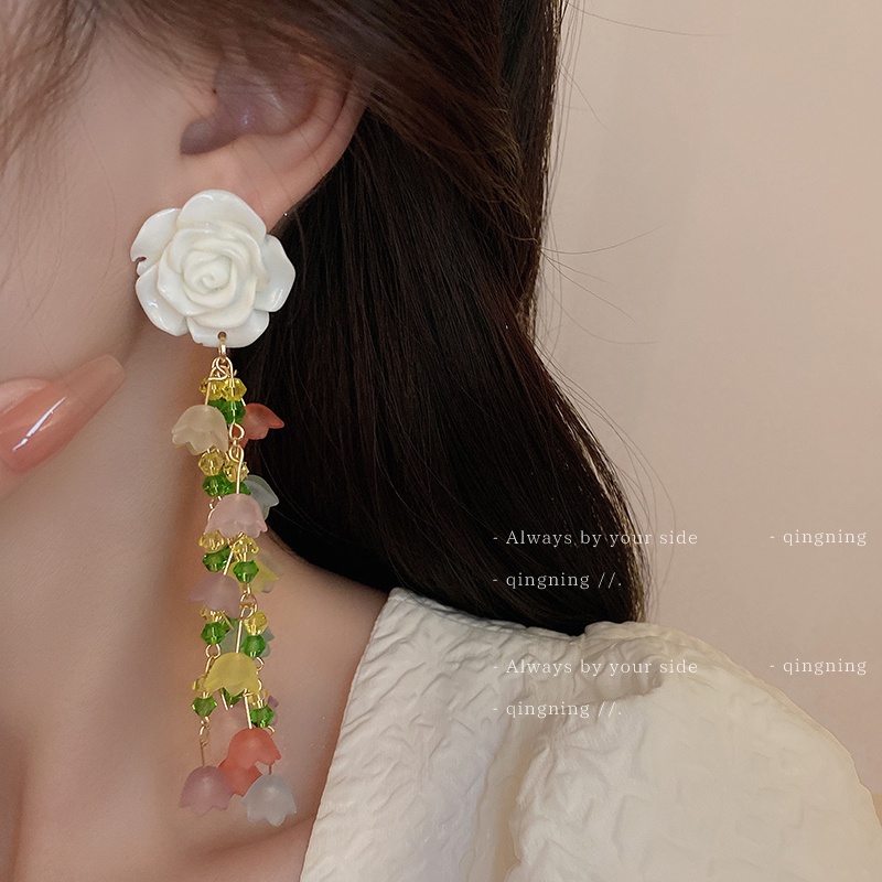 Khuyên Tai Tua Rua Hình Hoa Lily Đính Đá Pha Lê Màu Bạc Kích Thước Nhỏ Thời Trang Cho Nữ 1