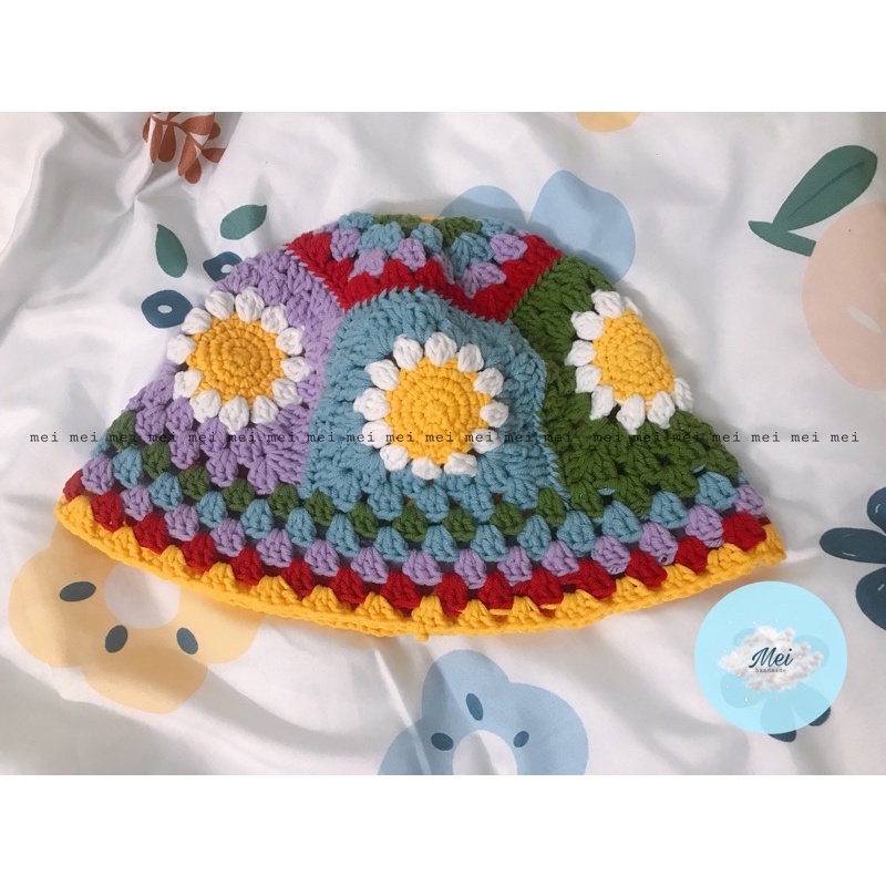 NÓN LEN MÓC HOA CÚC SẮC MÀU- NÓN GRANNY SQUARE RÁP CUTE LẠC LỐI