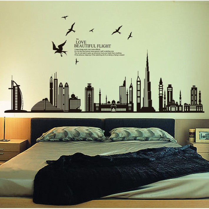Decal trang trí tường Thành Phố đen có chữ