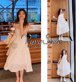 Đầm maxi nữ trắng 2 dây, 🌸 vyvystore🌸, váy 2s nữ chất đũi dáng xòe, đầm dáng lỡ màu trắng