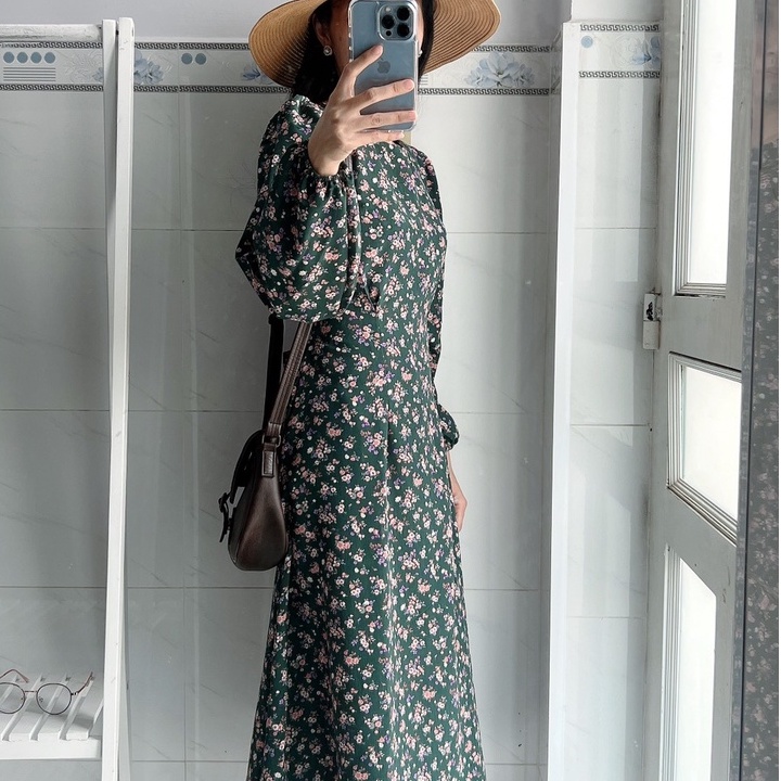 [Ảnh thật] Đầm midi hoa nhí tay dài cột nơ