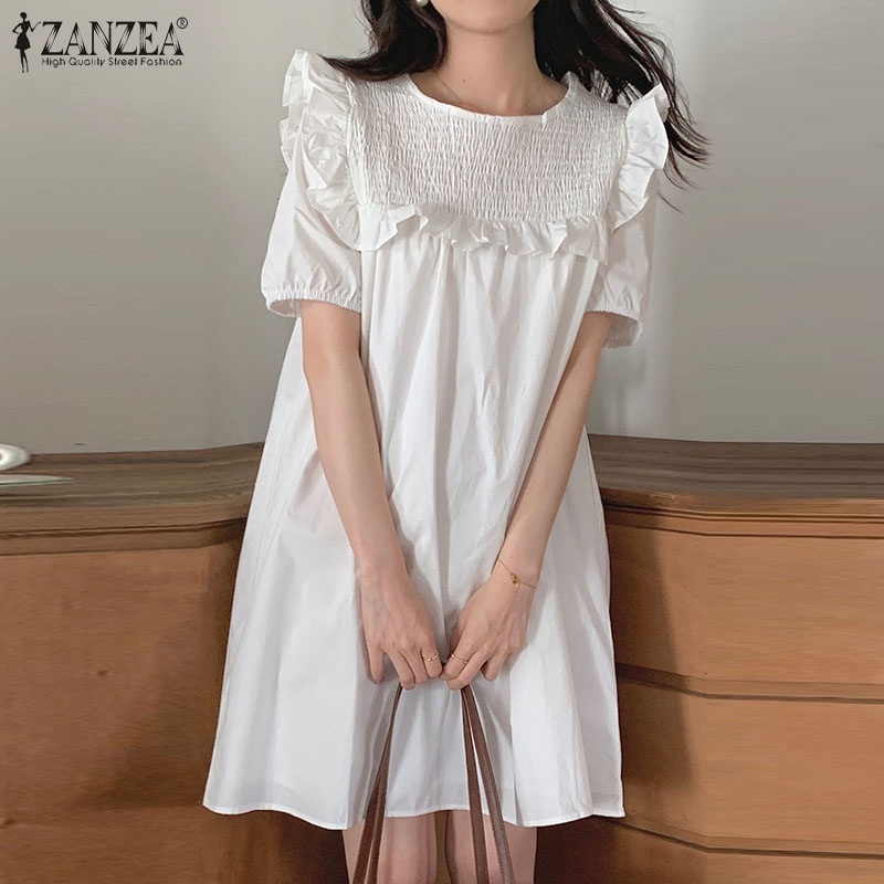 Đầm ZANZEA tay phồng xếp ly phong cách Hàn Quốc thời trang cho nữ
