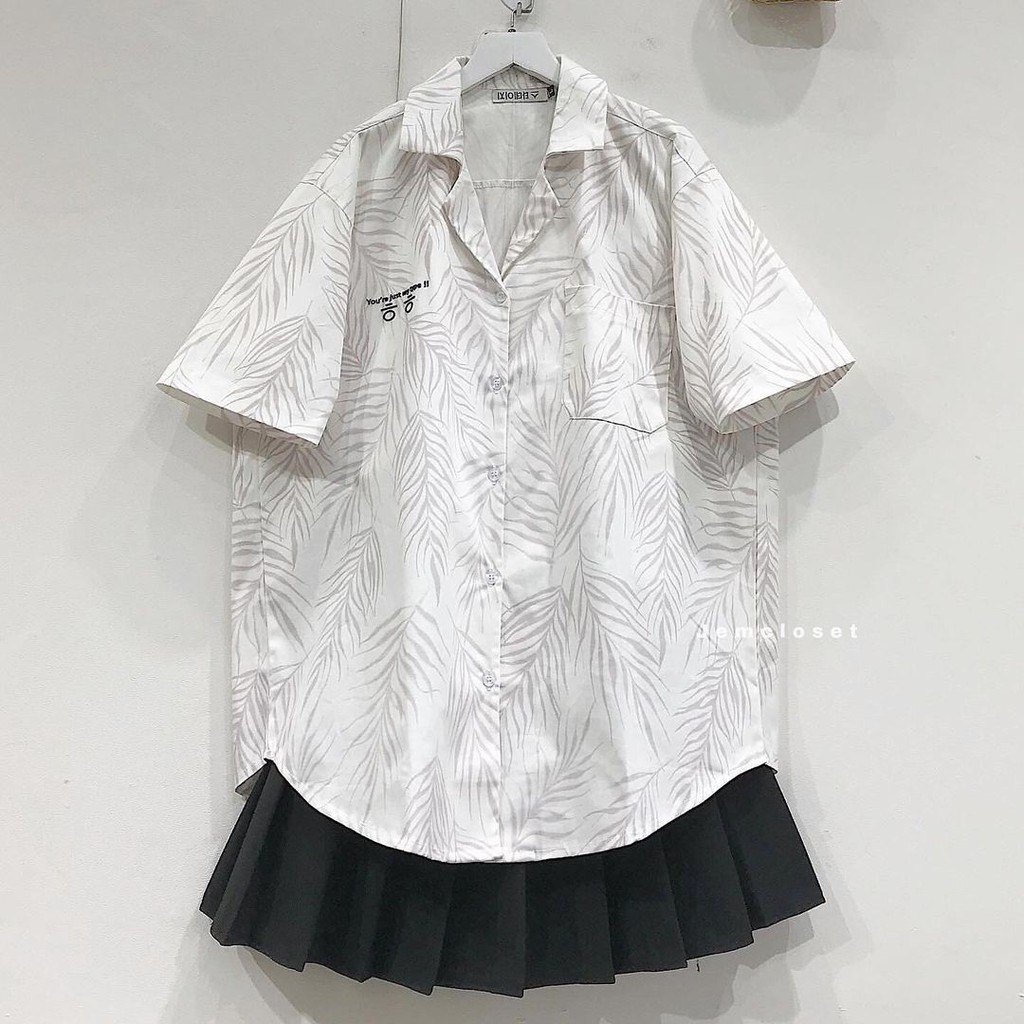 Áo Sơ Mi Nữ Tay Ngắn Cổ Vest JEM CLOSET Sơ Mi Form Rộng Chất Liệu Kaki In Họa Tiết Hoa Lá LEAF 10019