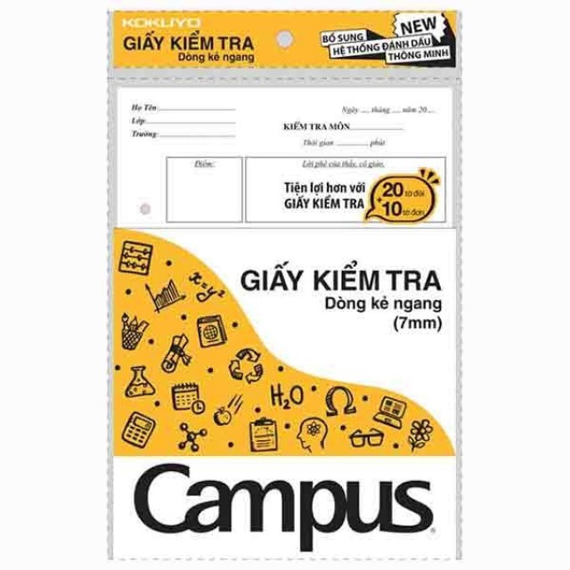 Giấy Kiểm Tra Campus B5 ĐL70gsm TP-BM70G-30 Không Chấm (1 Túi /20 Tờ Đôi và 10 Tờ Đơn) - Vỏ Màu Vàng