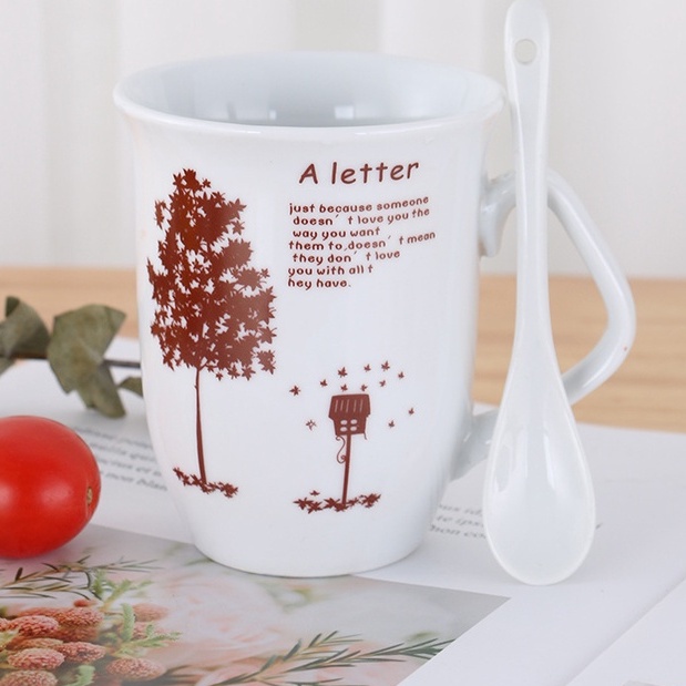 Cốc sứ có quai hoạ tiết cẩy mực trendy kèm thìa, Ly sứ cao cấp chấm bi phong cách hàn Quốc #CỐCSỨ