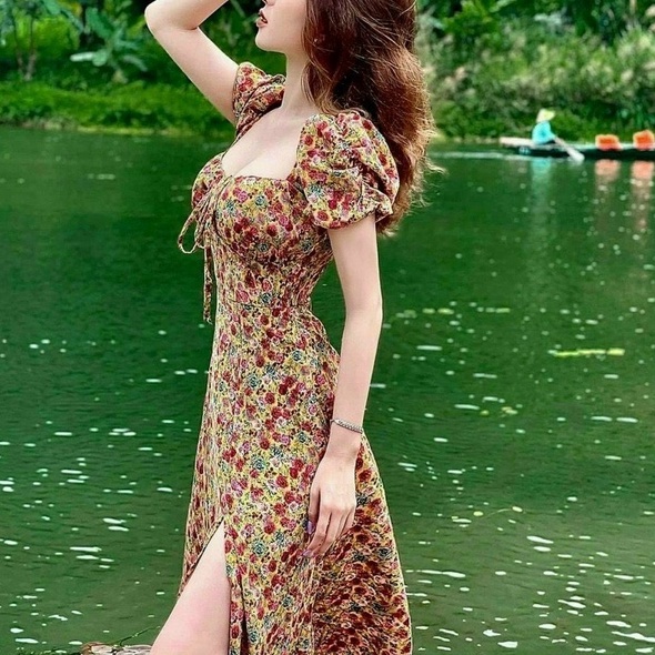 Đầm nữ xẻ tà ngực kết Nơ form dài ( có mút ) dễ thương họa tiết hoa dịu dàng thời trang stclothing