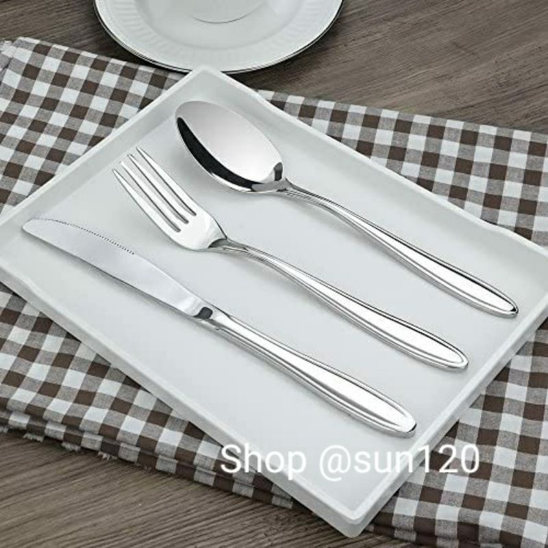 Bộ dao dĩa thìa inox ăn bít tết 3 món dày đẹp sáng bóng vỏ xanh