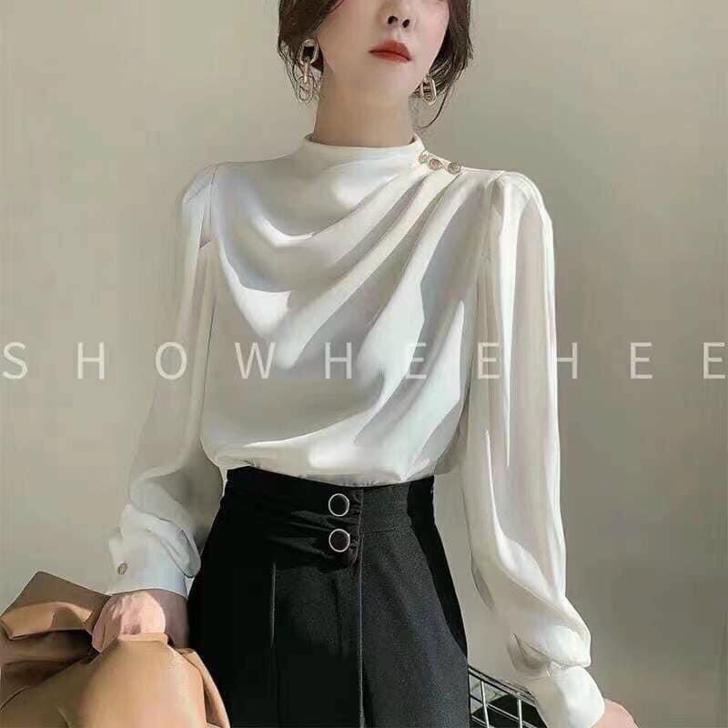 Áo sơ mi lụa công sở dúm vai khuy - Hàng cao cấp