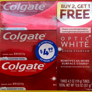 Nguyên lốc Kem đánh răng Colgate Optic White Stain Fighter, 3hộpx119g (Mẫu mới 6x, Hàng chuẩn Mỹ)