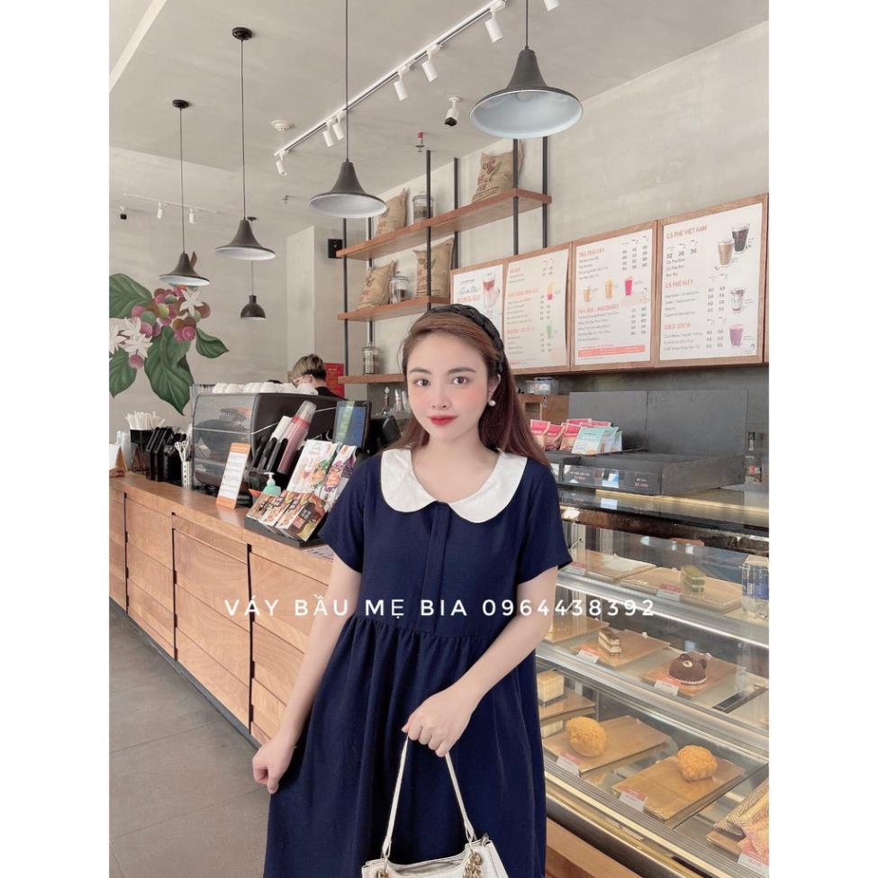 VIP Đầm bầu công sở Váy bầu mẹ bia BABY DOLL XANH THAN CỔ SEN TRẮNG CÚC NẸP MB 245