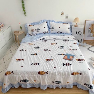 Bộ Chăn Ga Gối Cotton Đũi Bánh Bèo Xinh Xắn Đáng Yêu Chăn Chần Bông