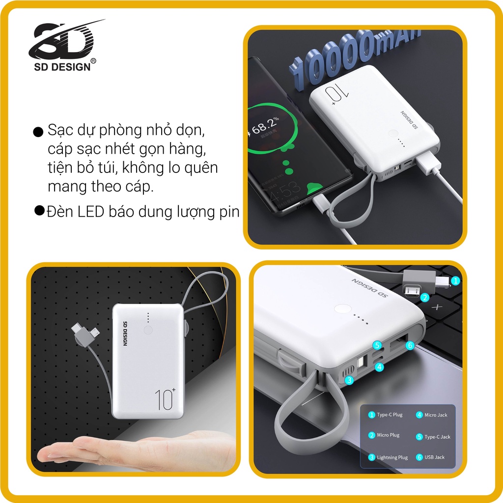 Sạc dự phòng Mini chính hãng SD DESIGN G11 dung lượng 10.000 mAh có đầy đủ chân sạc cho iphone, samsung, xiaomi,...