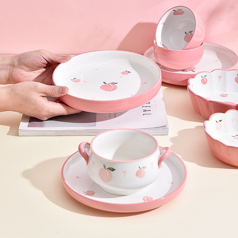 Bộ chén bát đĩa sứ quả đào hồng, bát đĩa sứ ăn cơm gia đình cao cấp