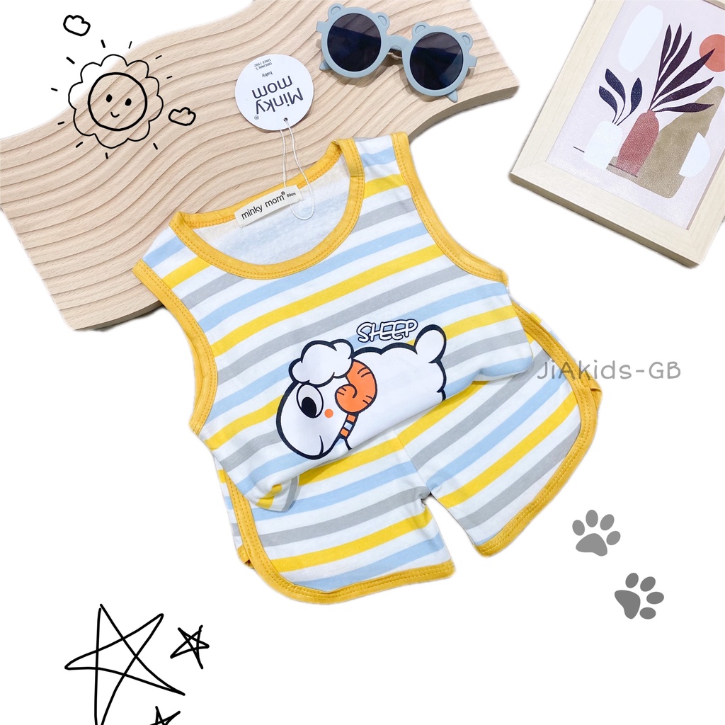 Bộ Ba Lỗ COTTON HÀN MINKY MOM Vải Sọc Bo Viền In Hình Dễ Thương Cho Bé BL-IN27