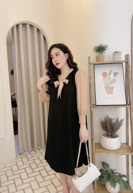 Váy đũi nơ dài tay phối mầu sang chảnh | BigBuy360 - bigbuy360.vn