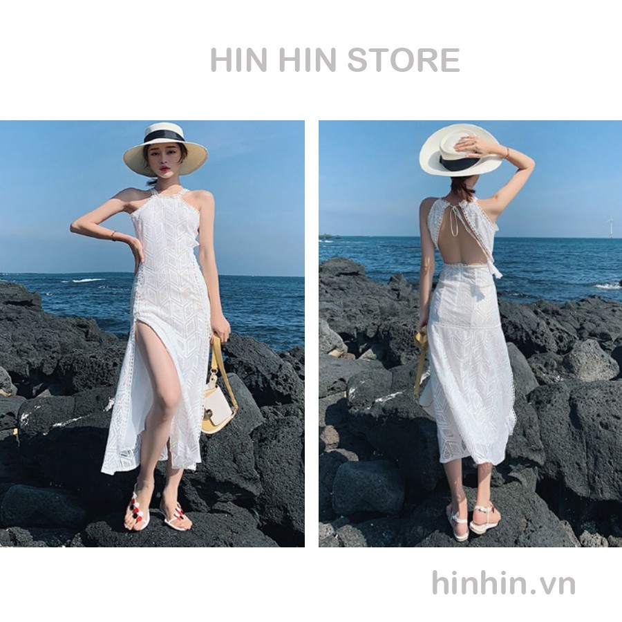 Đầm body ren tôn dáng cổ yếm hở lưng xẻ tà đi biển H32 - Hỉn Hỉn Store