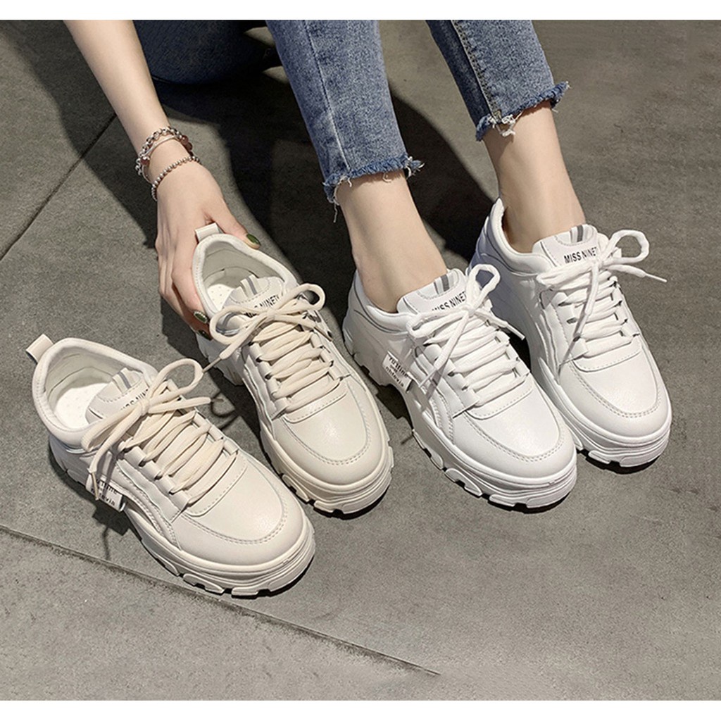 Giày thể thao nữ độn đế chất da PU,Giày Sneaker nữ Tăng Chiều Cao Màu Trắng Chất Liệu Da PU siêu cá tính