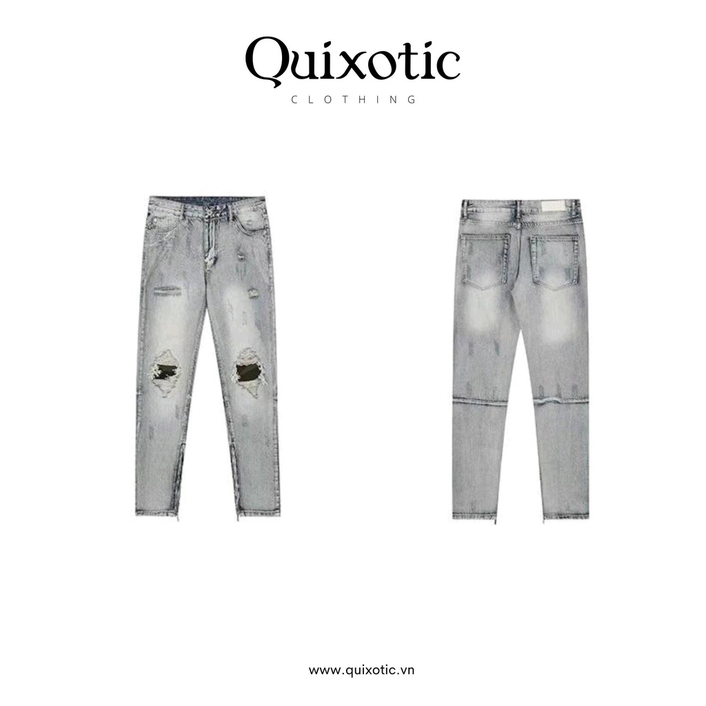 Quần jean rách FOG zipper xanh bạc vá gối rằn ri phong cách streetwear Quixotic