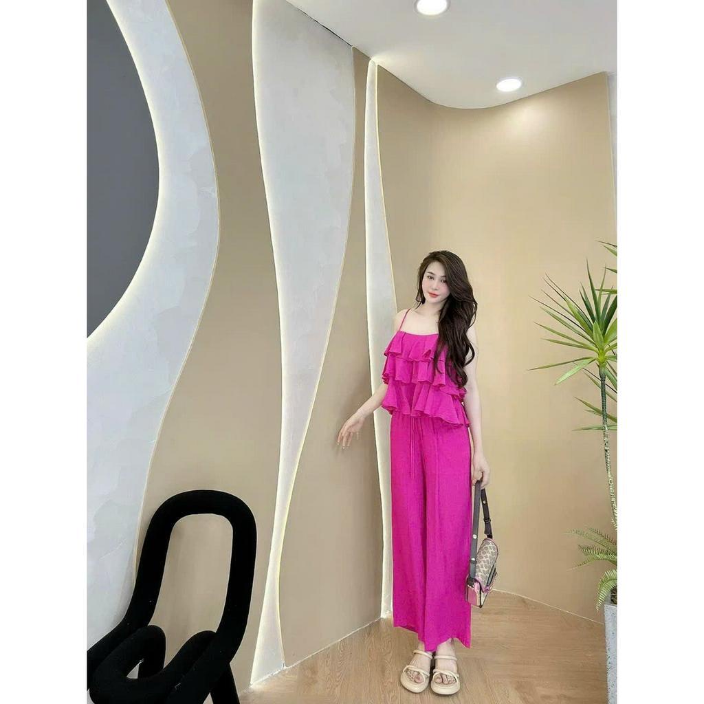 Sét bộ đồ nữ đũi xước áo 2 dây xếp tầng sang trọng quý phái mix quần dài tôn dáng trẻ trung đi chơi dự tiệc xinh xắn