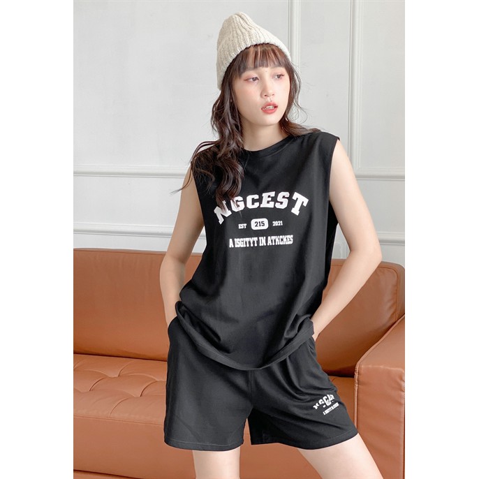 Bộ thun nữ ba lỗ thời trang 2 lớp quần áo phông hè nữ chất Cotton oversize form rộng (áo thun nữ + quần short)