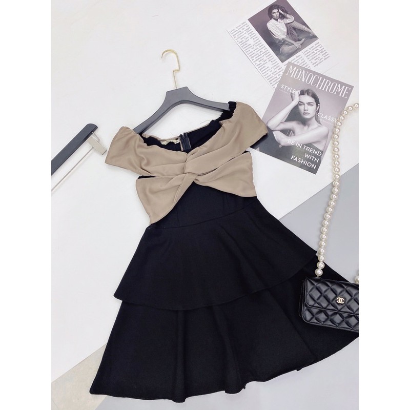 D407 Đầm Trễ Vai Phối Xoắn Ngực Thanh Lịch , Đuôi Váy Xếp Tầng Dáng Xoè Xinh Xắn | BigBuy360 - bigbuy360.vn