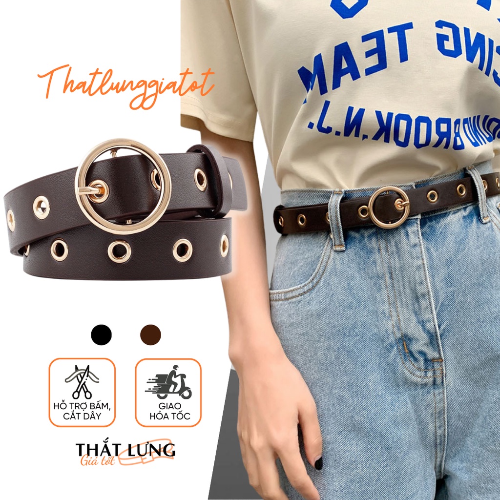 Dây thắt lưng khoen lỗ cá tính, mặt nịt tròn vàng bản 2.3cm TL074 - Thắt Lưng Giá Tốt
