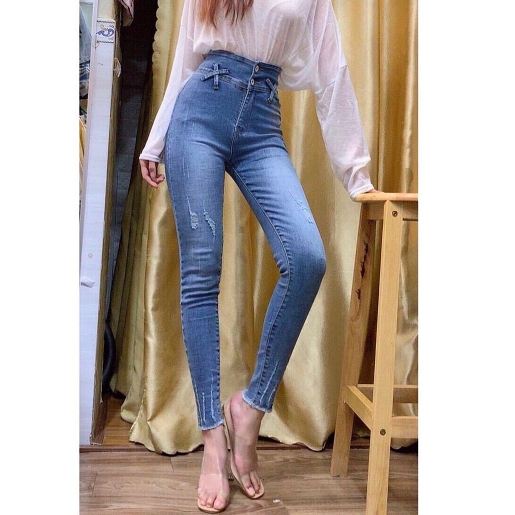 Quần jean nữ kiểu X CHÉO + hai cúc trước ( LƯNG SIÊU CAO ) màu xanh nhạt ( 26-30 ) 8dg6
