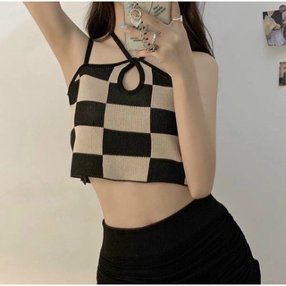 Áo kiểu yếm caro 4 dây chéo cổ sexy chất thun gân mềm dáng croptop xinh