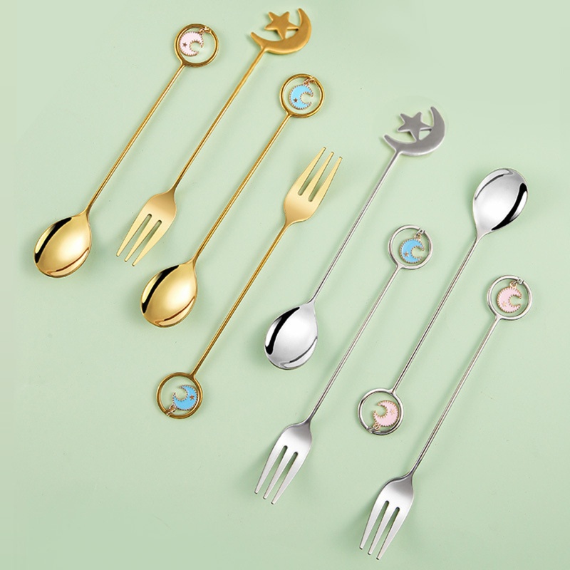 Bộ Muỗng Nĩa Ăn Tráng Miệng Hình Ngôi Sao Mặt Trăng Bằng Thép Không Gỉ