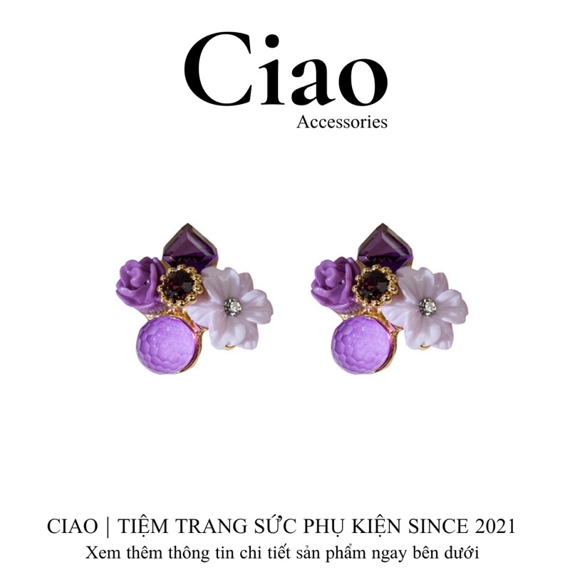 [HOẢ TỐC 1H] Khuyên tai/ Bông tai mạ bạc S925 thiết kế hoạ tiết tím Monalisa Ciao