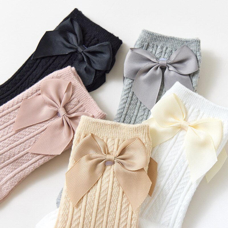 Vớ Cotton Dày Mềm Đính Nơ Màu Trơn Thời Trang Thu Đông Cho Bé Gái Sơ Sinh