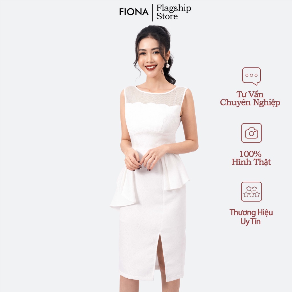 Đầm nữ ôm FIONA, Đầm dự tiệc màu trắng phối lưới chất liệu gấm cao cấp F451010