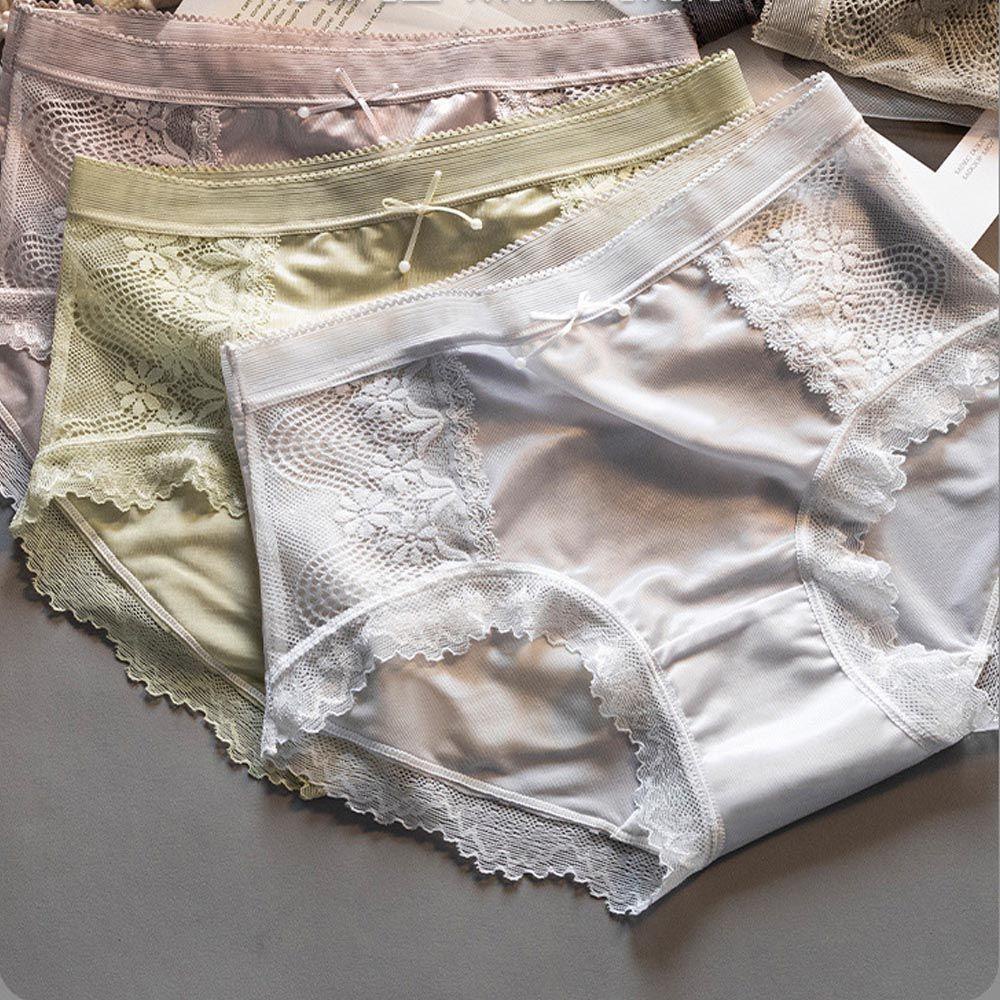 OCEANMAP Quần Lót Lụa Mát Trong Suốt Lưng Vừa Không Đường May Phối Ren Thoáng Khí Thời Trang Cho Nữ