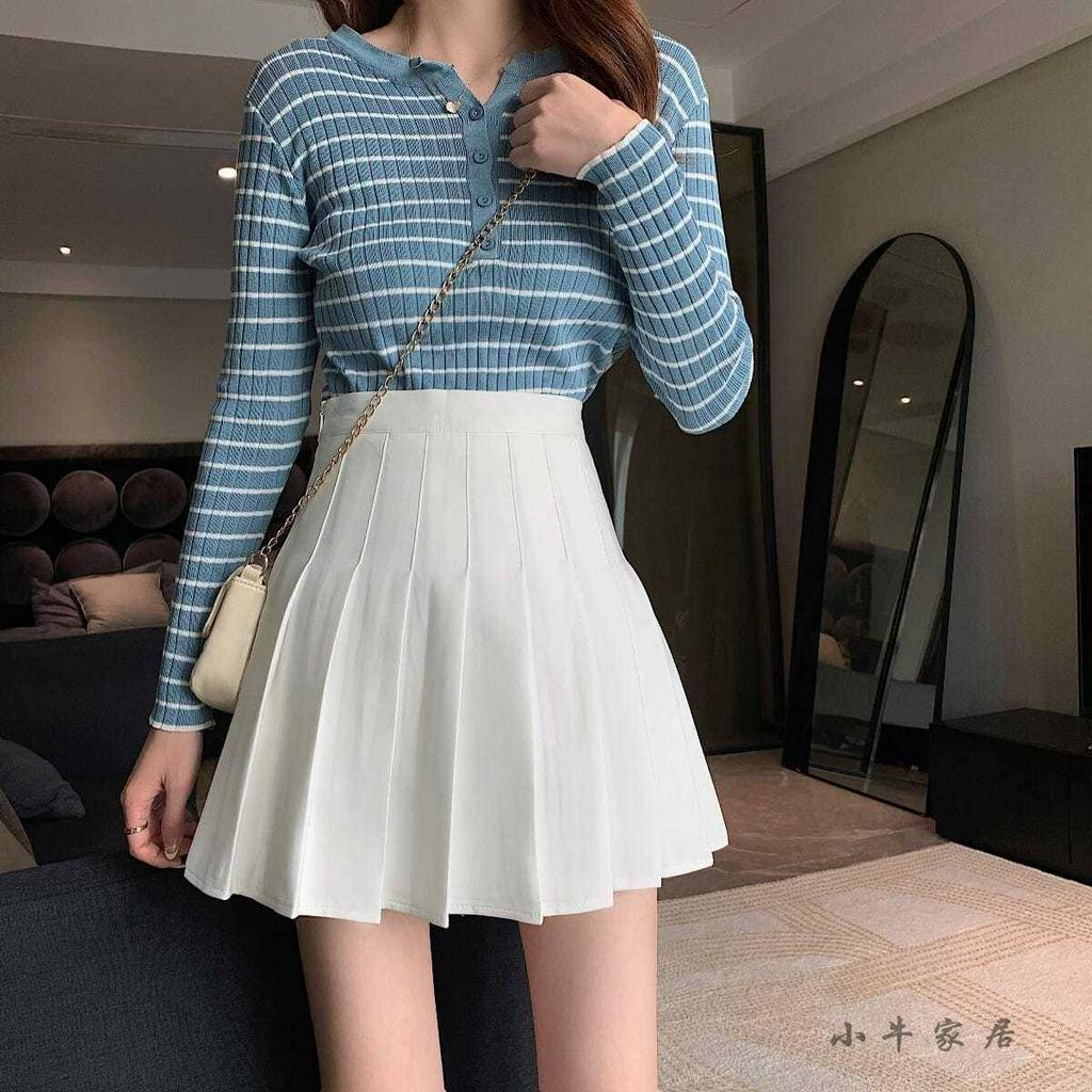 Chân váy tennis ngắn xếp ly lưng cao màu trắng đen phong cách ulzzang