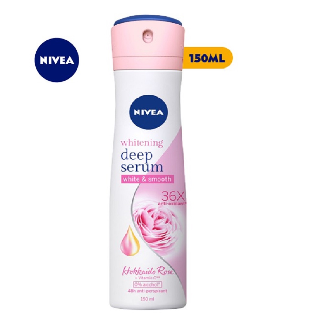 [Mã COSGLORIAT4 -8% đơn 250K] Xịt Ngăn Mùi NIVEA Serum Trắng Mịn Hương Hoa Hồng Hokkaido 150ml - 85304