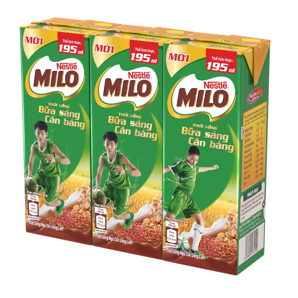 Lốc 3 hộp sữa ngũ cốc Nestle Milo 195ml/hộp