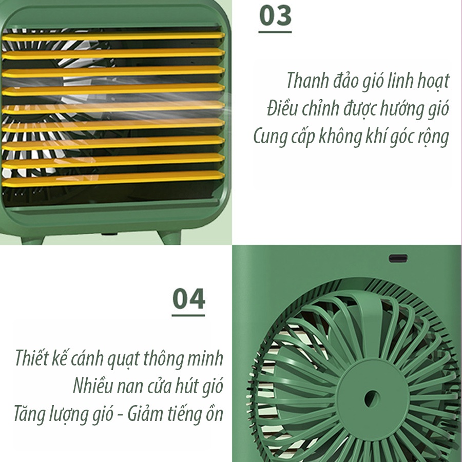 Quạt Điều Hòa Hơi Nước Mini Tích Điện Máy Làm Mát Không Khí  Để bàn 3 Chế độ gió tạo ẩm lọc không khí Đèn ngủ trang trí