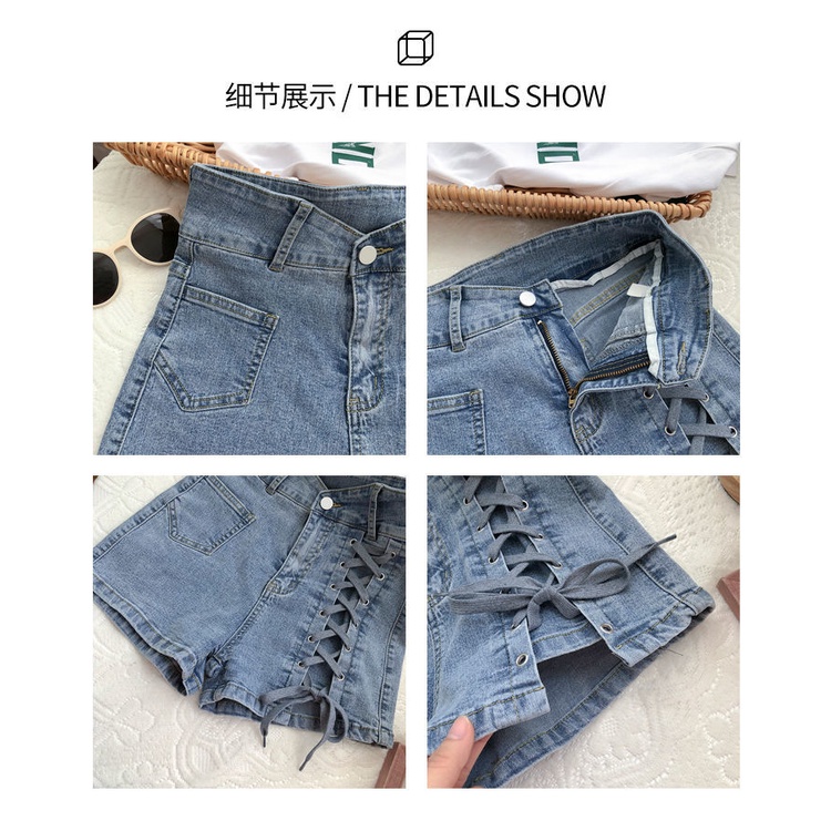 Tie cross-waist large-size denim wide-leg shorts women's 2022 summer dress Korean version show thin A hot pants trend
