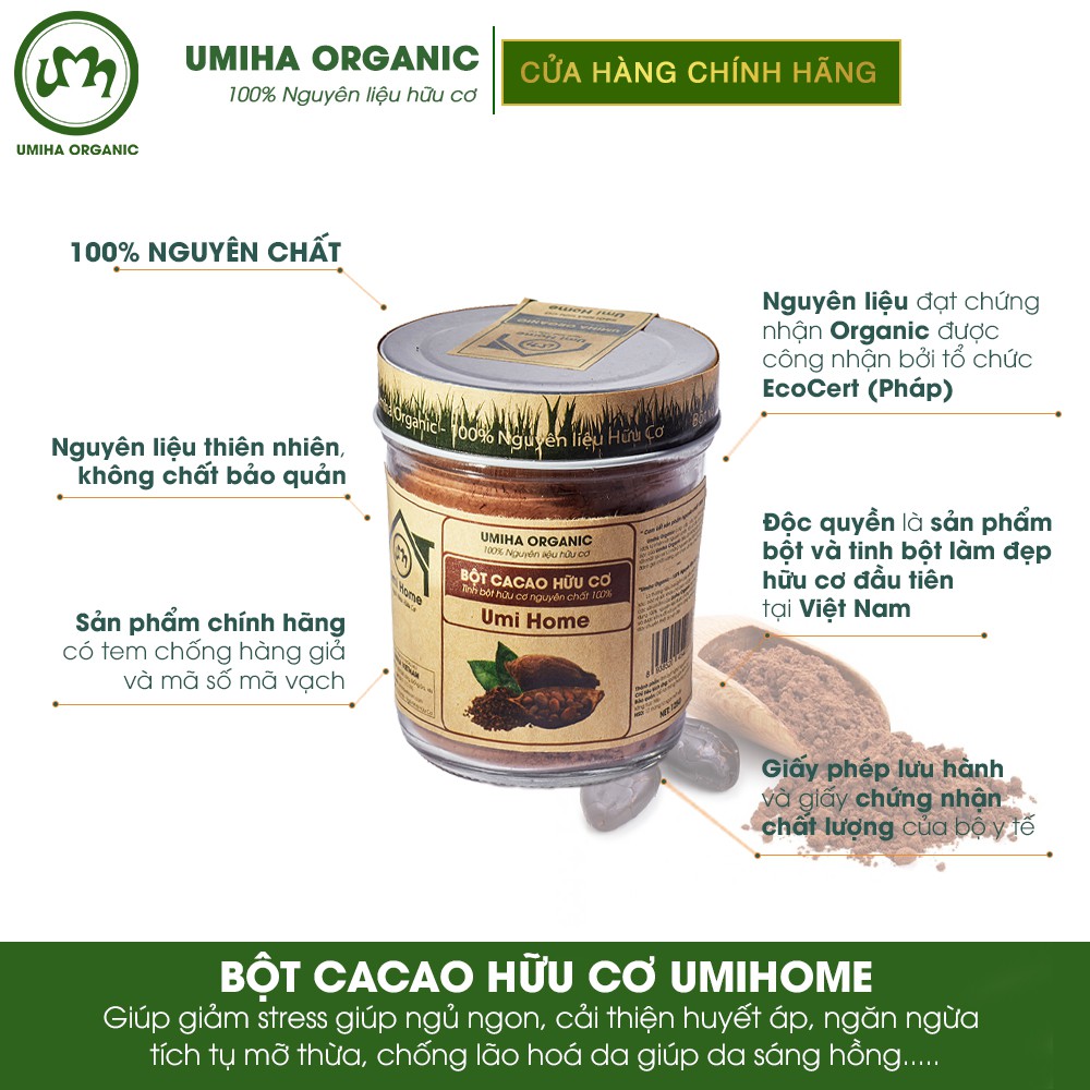 Bột Cacao hữu cơ UMIHOME nguyên chất 135G đắp mặt dưỡng sáng da giúp da trắng mịn, tẩy da tế bào da chết và ngừa thâm