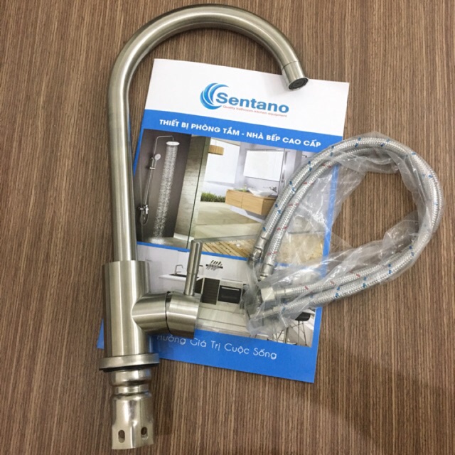 Vòi rửa chén NÓNG LẠNH SENTANO ống lớn phi 24 kiểu TRÒN inox sus 304 GIÁ RẺ màu bạc mờ TẶNG KÈM CẶP DÂY CẤP