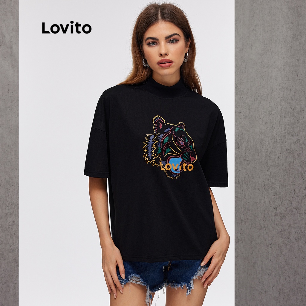 Áo thun Lovito cổ lọ in hình động vật L20E064 (màu đen)
