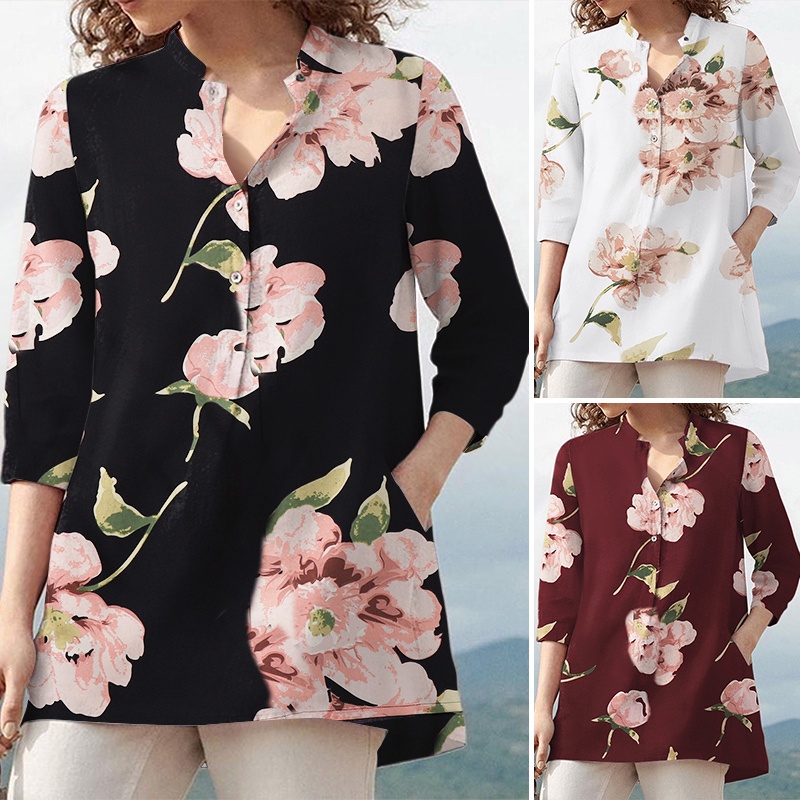 Áo sơ mi ZANZEA tay dài 3/4 dáng rộng cài khuy in hoa phong cách retro thời trang cho nữ