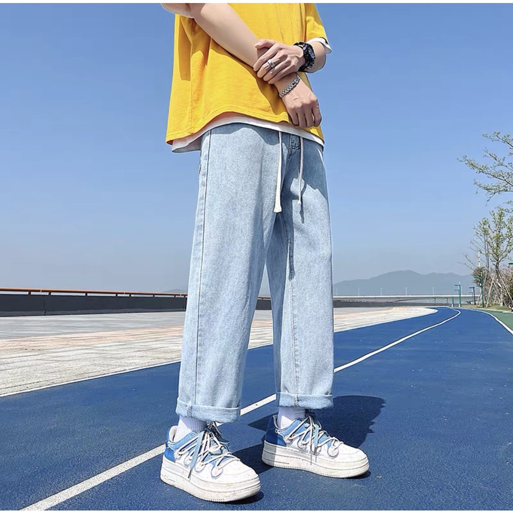 Quần Jeans Baggy Có Cạp chun Dây Điều Chỉnh Eo 2 Màu Xanh Cực Chất