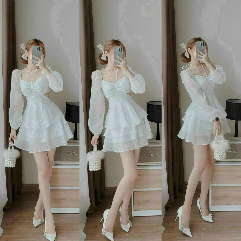 Đầm váy nữ tay dài dây vòng cổ nhún ngực, hở lưng quyến dũ họa tiết xếp tầng màu trắng dự tiệc dễ thương đi chơi