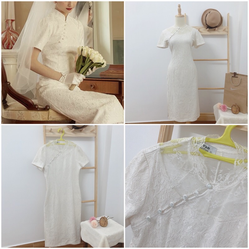 Sườn xám xanh lá boho caro có BIG SIZE