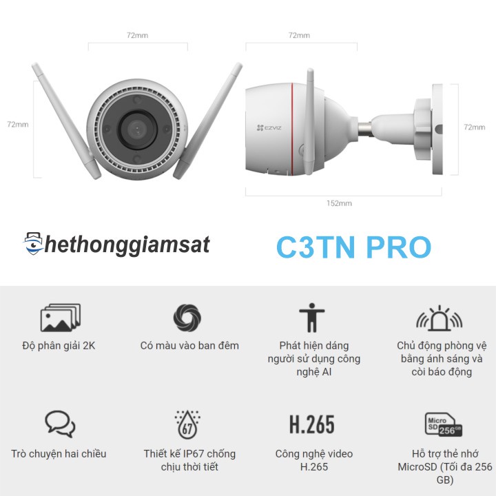 Camera Wifi Ngoài Trời EZVIZ C3TN PRO 3MP 2K, H3C 3MP 2K AI, Màu Bang Đêm, Đàm Thoại - Hàng Chính Hãng, Bảo Hành 24 Th