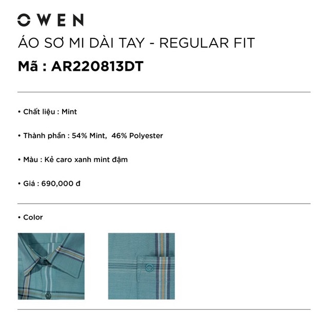 Áo Sơ Mi Nam Dài Tay OWEN AR220813DT Somi Công Sở Vải Bạc Hà Cao Cấp Kẻ Caro Xanh Mint Đậm Dáng Suông Tà Lượn Có Túi