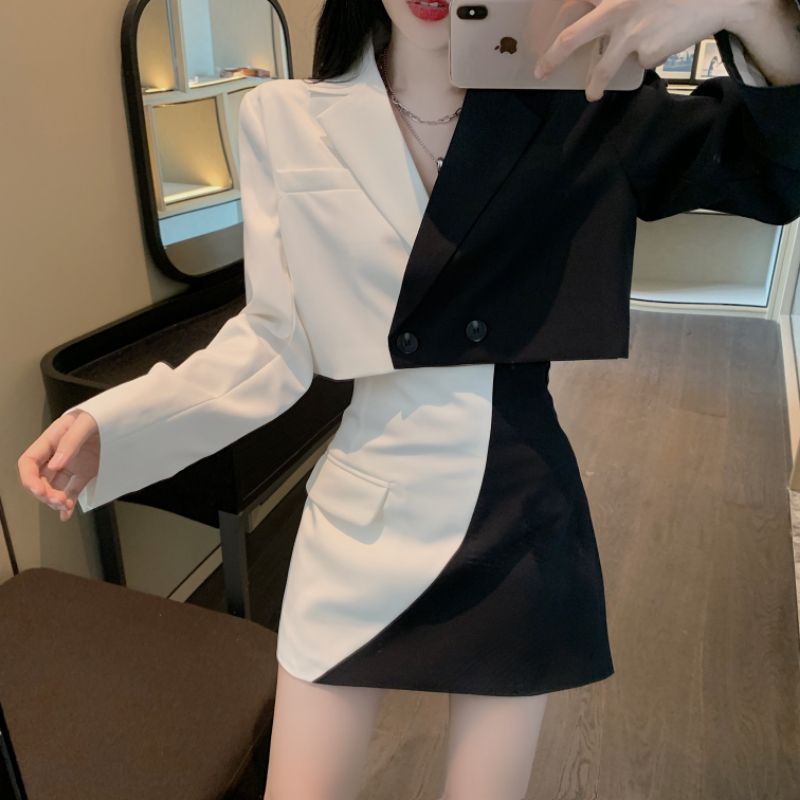 Set vest đầm trắng đen croptop
